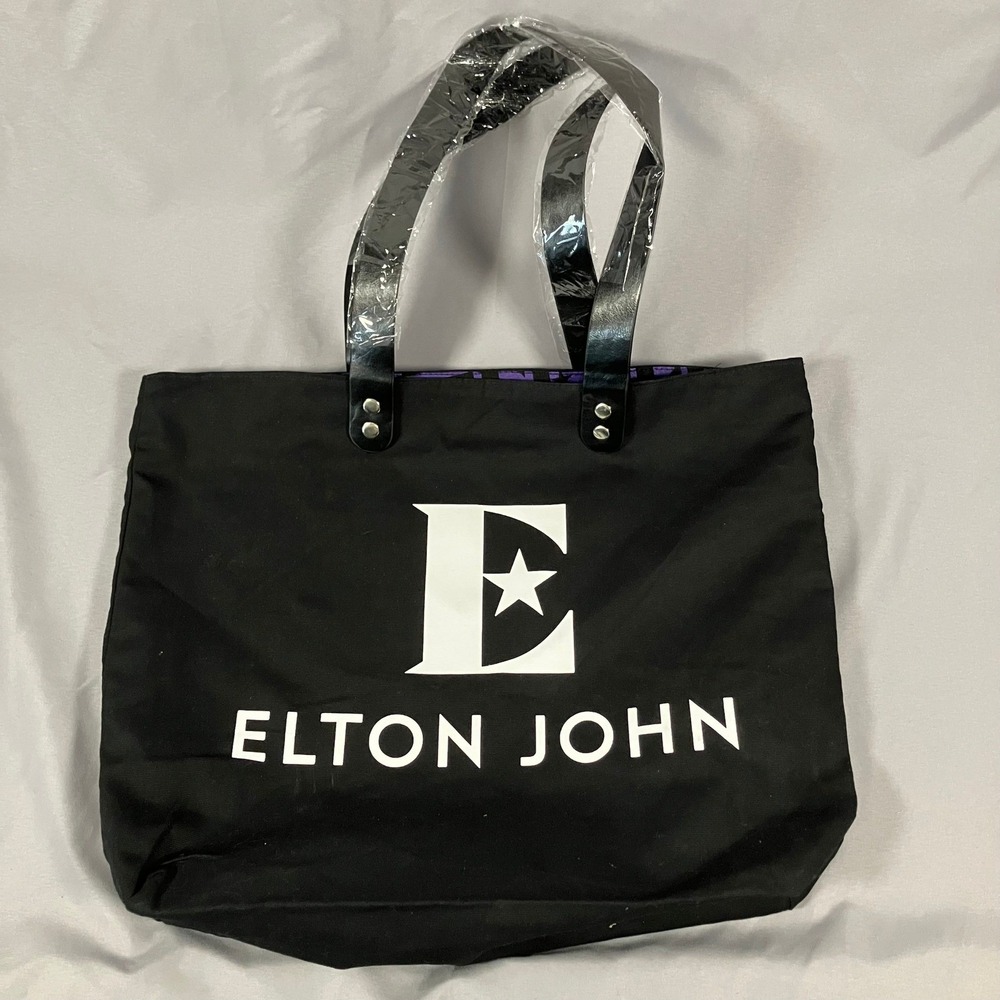 Elton John Official Merchandise Black Canvas Tote Bag Purple Star Logo Interior